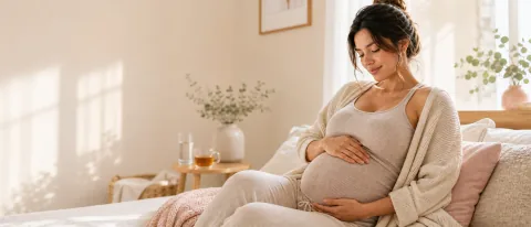 Premium editorial illustration of pregnancy bloating relief with stool-softening, gentle movement, and when-to-call cues.