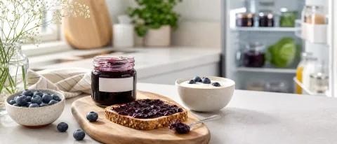 Blueberry preserves jar, fresh blueberries, toast, yogurt, and refrigerator cue in a bright kitchen.