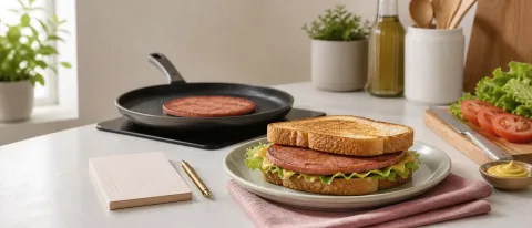 A hot toasted bologna sandwich being prepared safely on a clean kitchen counter.