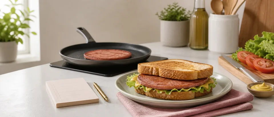 A hot toasted bologna sandwich being prepared safely on a clean kitchen counter.