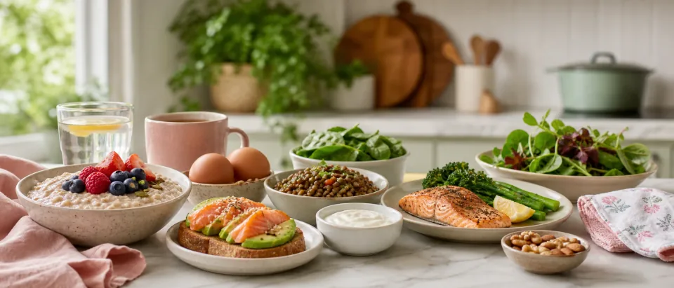 Calm kitchen counter with oatmeal, berries, eggs, salmon toast, greens, lentils, yogurt, tea, and a baby burp cloth.