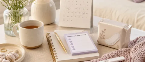 Calm editorial pregnancy desk scene with calendar, soft brown spotting cue, notebook, and clinician-ask card.