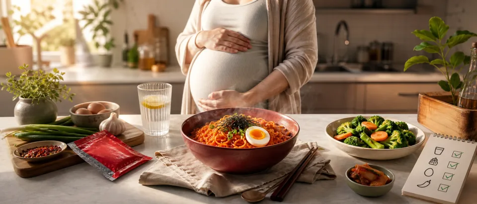 Editorial spicy instant noodle bowl with cooked egg, vegetables, seasoning packet, and pregnancy food-safety checklist cues.