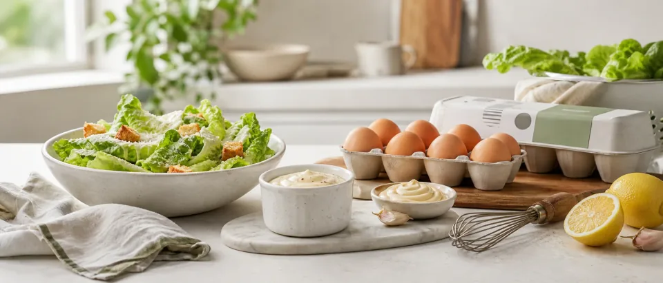 Editorial kitchen scene with Caesar dressing, aioli, eggs, salad greens, and pregnancy food-safety cues.