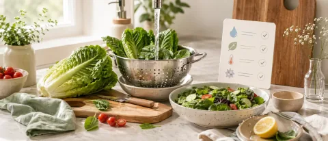 Editorial kitchen scene with washed salad greens, raw vegetables, colander, running water, and pregnancy food-safety checklist.