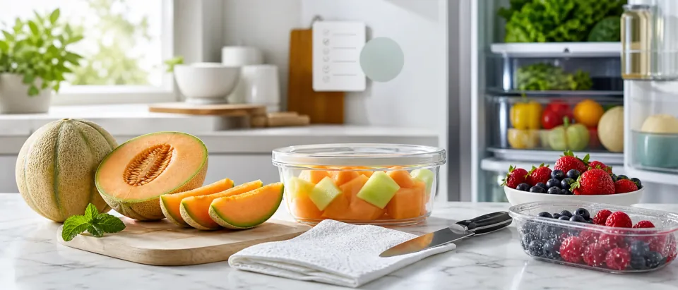 Editorial cut melon and cantaloupe prep scene with washed rind, knife, board, and chilled fruit cues.