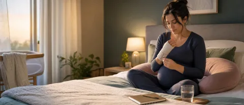Pregnant person adjusting a wrist splint while sitting on a bed at night.