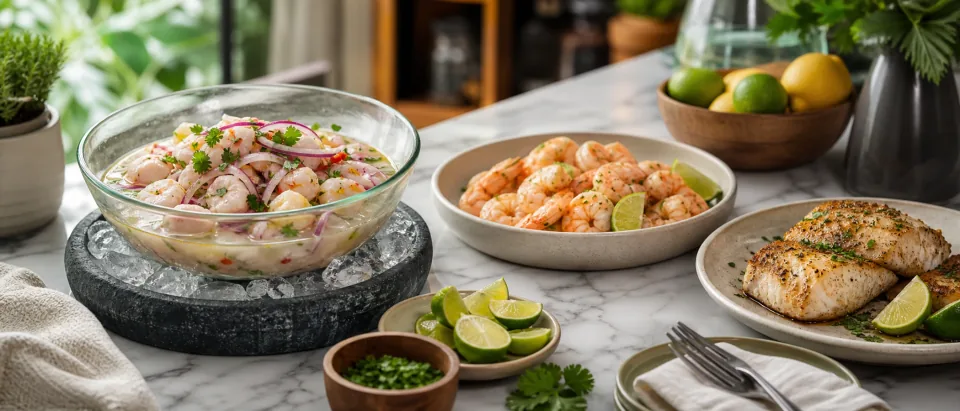 Ceviche bowl on ice beside safer cooked shrimp and cooked fish options with lime and clean serving utensils.