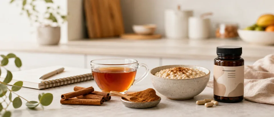 Editorial cinnamon sticks, tea cup, spice spoon, and warm pregnancy wellness kitchen scene.