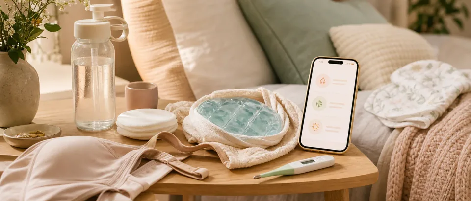 Postpartum parent in soft robe holding baby beside nursing pillow, warm compress, and clinician-call cue.