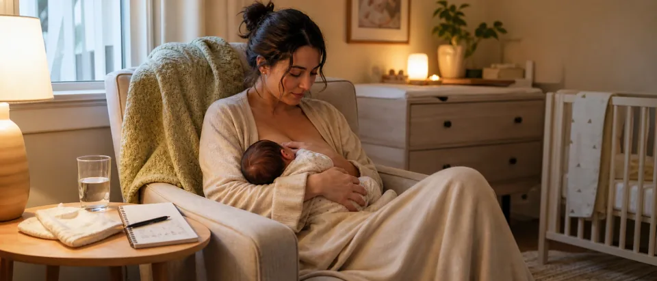 Calm Doola Learn nursery scene showing a newborn feeding log beside a chair and bassinet.