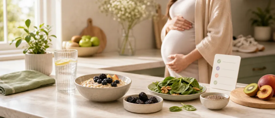 Pregnant person with oatmeal, berries, vegetables, water, and gentle digestion cue.