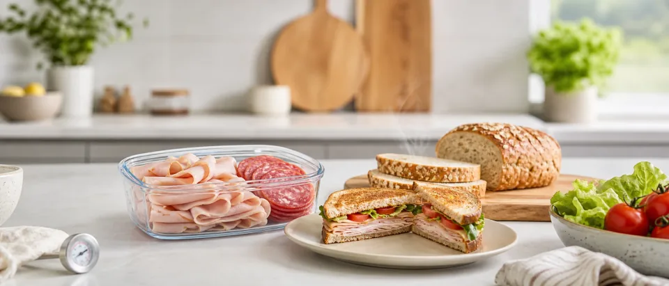 Editorial deli sandwich counter scene with sliced turkey, bread, lettuce, and heated sandwich cues.