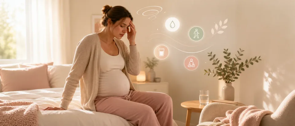 Calm editorial scene of a pregnant woman sitting safely while feeling lightheaded, with hydration and rest cues.