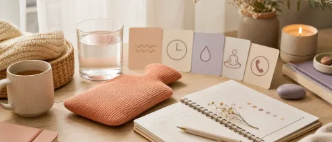 Premium editorial scene with warm compress, pregnancy calendar, water glass, and gentle cramping timeline cues.