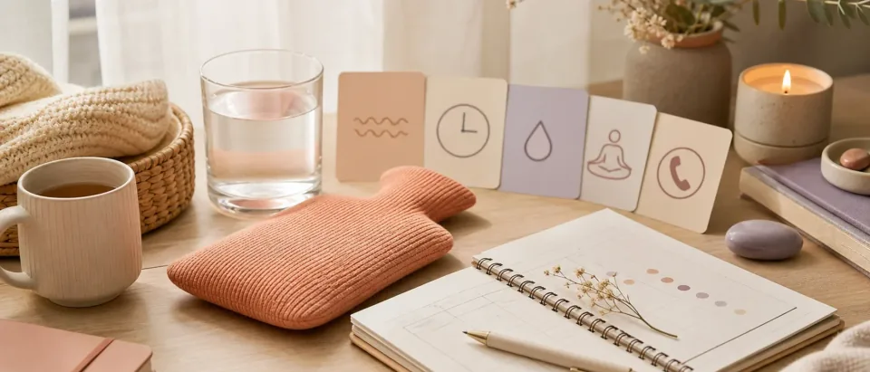 Premium editorial scene with warm compress, pregnancy calendar, water glass, and gentle cramping timeline cues.