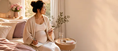 Pregnant person in soft morning light with a notebook, phone, water, crackers, and a discreet pregnancy-test cue nearby.