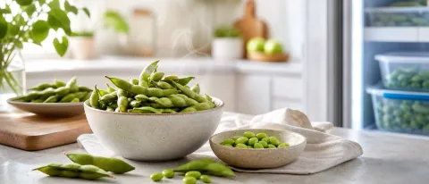 Steamed edamame pods and shelled edamame on a clean kitchen counter with a subtle storage cue.