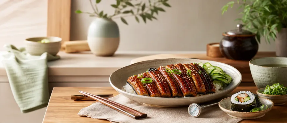 Cooked glazed eel on rice with clean sushi-counter and pregnancy food-safety cues.