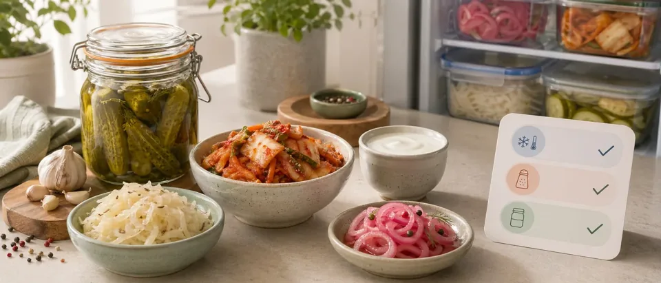 Editorial pantry scene with pickles, kimchi, sauerkraut, olives, refrigeration cue, and pregnancy safety checklist.