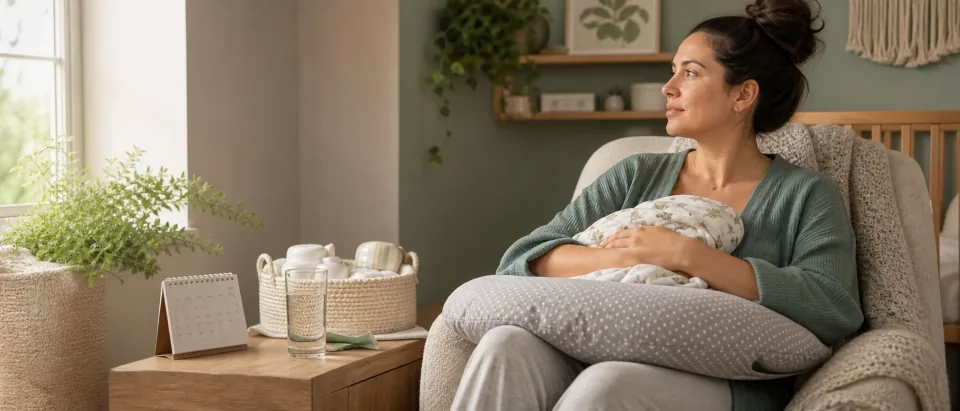 Postpartum parent resting in a calm nursery beside a calendar, water glass, and baby care basket.