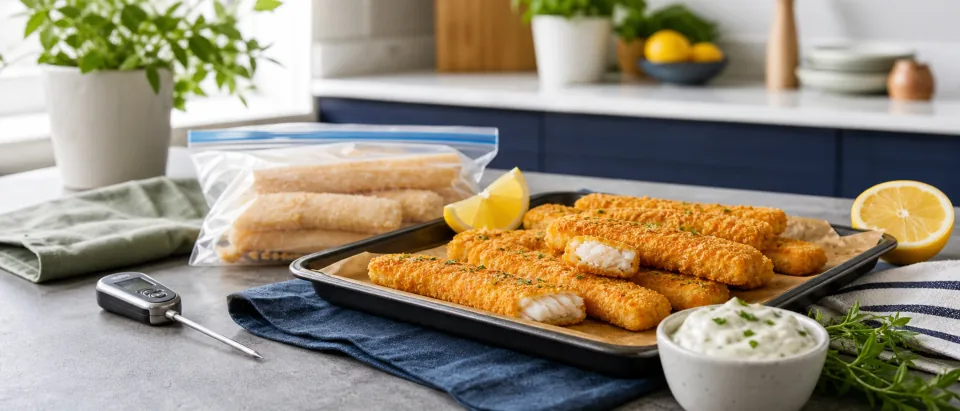 Baked fish sticks on a tray with lemon, a thermometer, and a blank frozen package on a calm kitchen counter.
