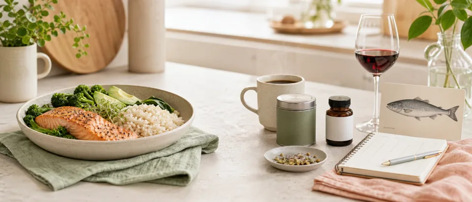 Postpartum kitchen counter with a safe meal bowl, coffee, herbal tea, wine glass, supplement bottle, fish safety card, and feeding log for breastfeeding food checks.