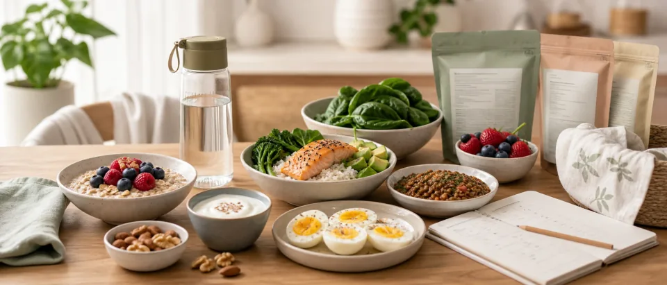 Warm postpartum meal table with oatmeal, eggs, salmon rice, lentils, greens, yogurt, nuts, water, lactation snack packages, a feeding log, and a burp cloth.