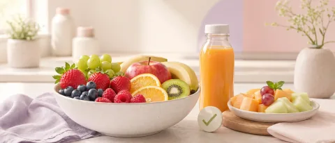 Premium editorial kitchen still life with washed whole fruits, pasteurized juice, and pre-cut melon as pregnancy food-safety cues.