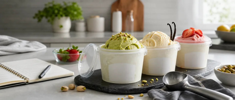Three covered cups of gelato with a clean scoop and blank labels on a calm kitchen counter.