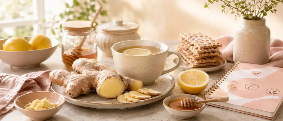 Editorial kitchen scene with ginger root, tea, lemon, pregnancy nausea notebook, and calm safety cues.