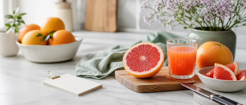 Halved pink grapefruit, washed citrus, and a blank label note on a calm kitchen counter.