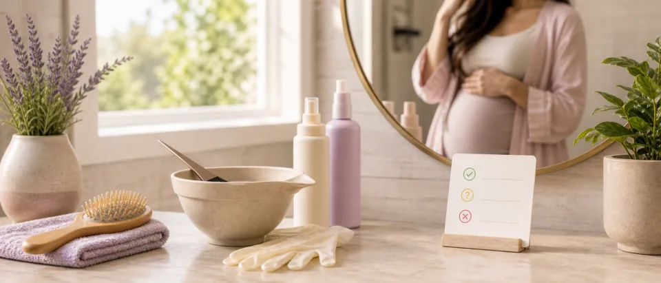 Bright salon scene with hair dye brush, gloves, open window, and calm pregnancy-safe beauty cue.