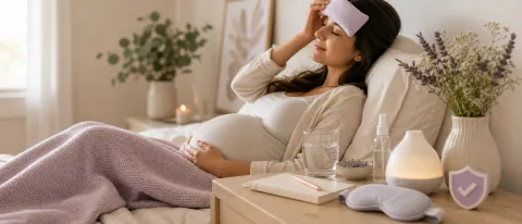 Pregnant person resting with water, notebook, and calm headache care cues.