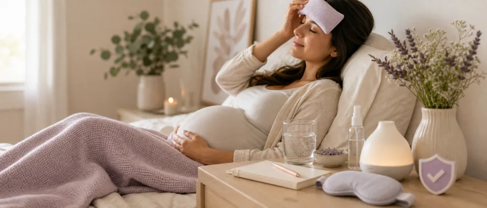 Pregnant person resting with water, notebook, and calm headache care cues.