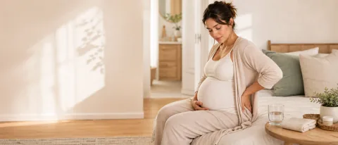 Premium editorial illustration of pregnancy hemorrhoid relief with stool-softening, comfort, and when-to-call cues.