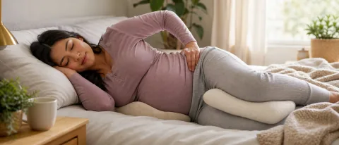Pregnant person sleeping on their side with a pillow between the knees and one hand resting near the hip.
