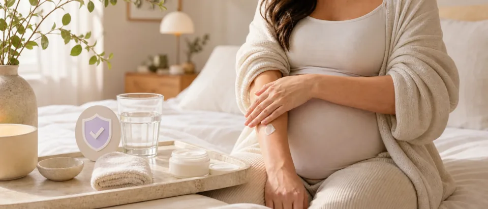 Pregnant person applying moisturizer to itchy arm with soft liver-health visual cue.