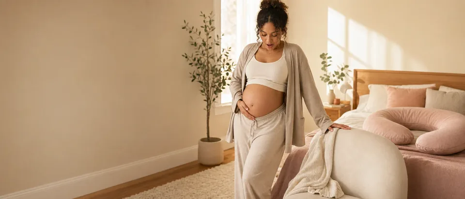 Pregnant woman pausing calmly beside a chair in a warm bedroom while supporting her lower belly.