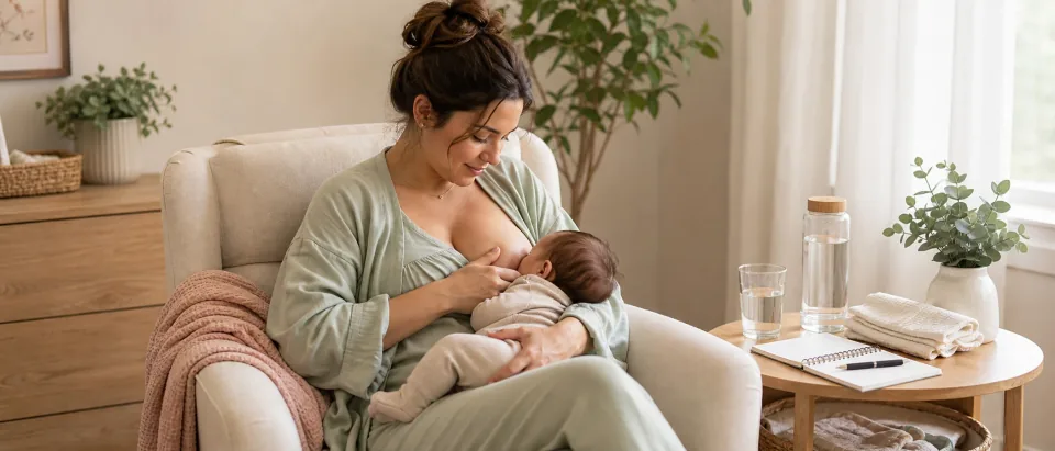 Calm Doola Learn editorial scene showing a postpartum parent feeding a baby beside a diaper log and water glass.
