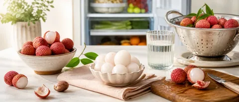 Fresh and peeled lychees on a clean kitchen counter with a colander and refrigerator cue.