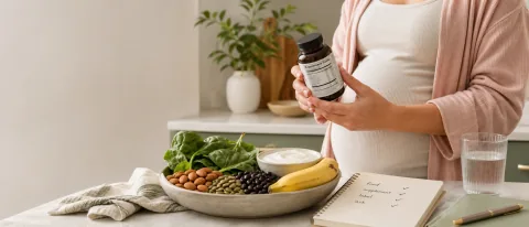 Pregnant person checking a magnesium supplement label beside spinach, nuts, beans, yogurt, banana, and a label checklist on a kitchen counter.