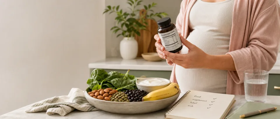 Pregnant person checking a magnesium supplement label beside spinach, nuts, beans, yogurt, banana, and a label checklist on a kitchen counter.
