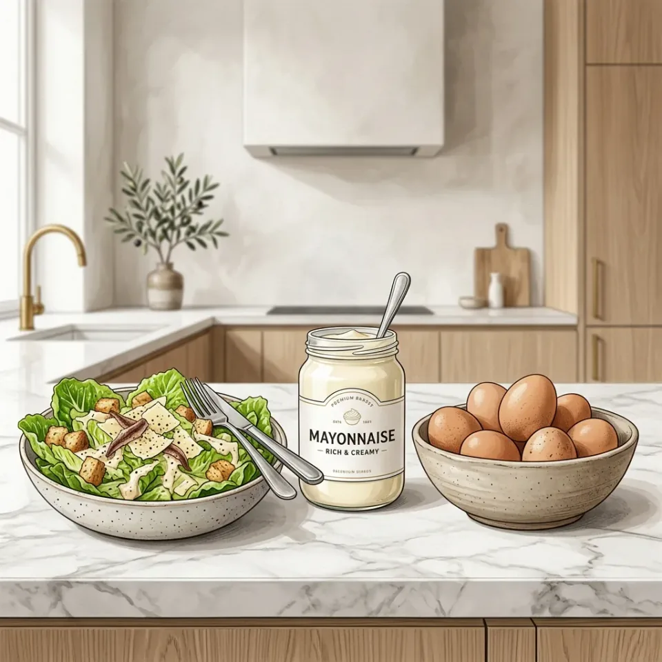Commercial mayonnaise jars next to raw eggs, illustrating pregnancy safety distinctions.