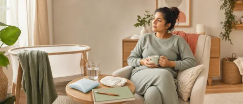 Calm postpartum feeding-support scene with nursing pads, cold pack, water, and a bassinet.