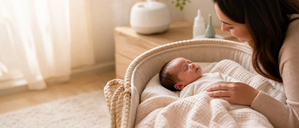 Calm newborn sleeping safely in a bassinet with an attentive parent nearby in a soft nursery.