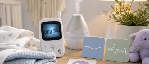 Premium editorial Doola Learn hero image with calm visual cues for newborn grunting in sleep.