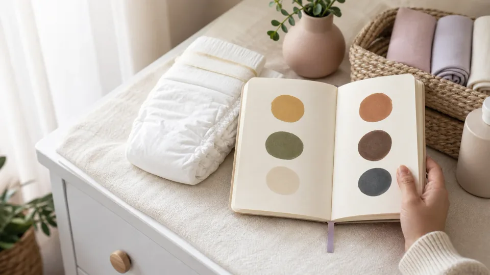 A clean newborn changing station with a nappy and notebook of abstract muted color-family dots.