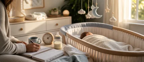 Calm nursery with a newborn bassinet, feeding log, clock, bottle, and day-night mobile.