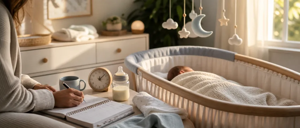Calm nursery with a newborn bassinet, feeding log, clock, bottle, and day-night mobile.
